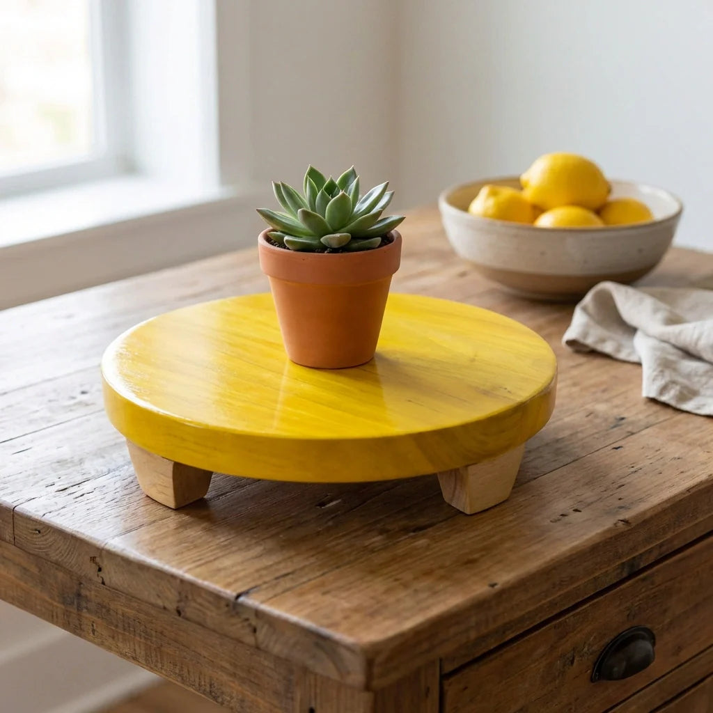 Round roti maker with a round wooden base and three short legs