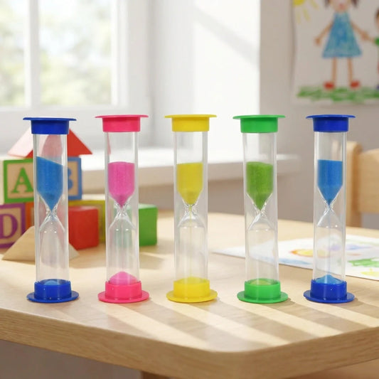 5-pack sand timer hourglasses with colored caps and tinted sand