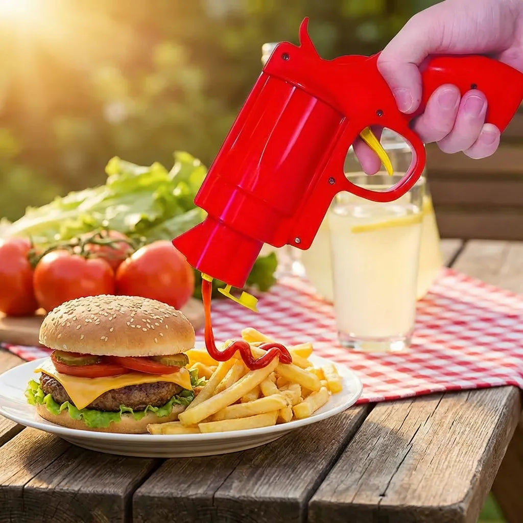 Red sauce dispenser gun over burger and fries on plate