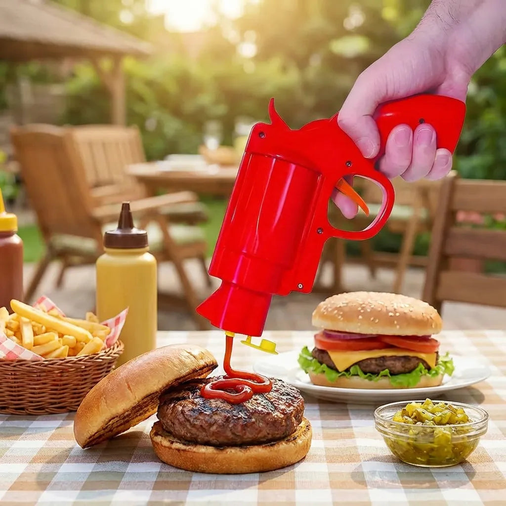 Red sauce dispenser gun with trigger and nozzle