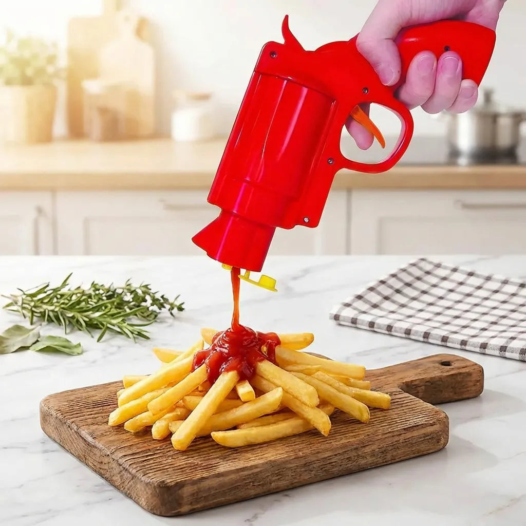 Red sauce dispenser gun pouring sauce onto fries on cutting board