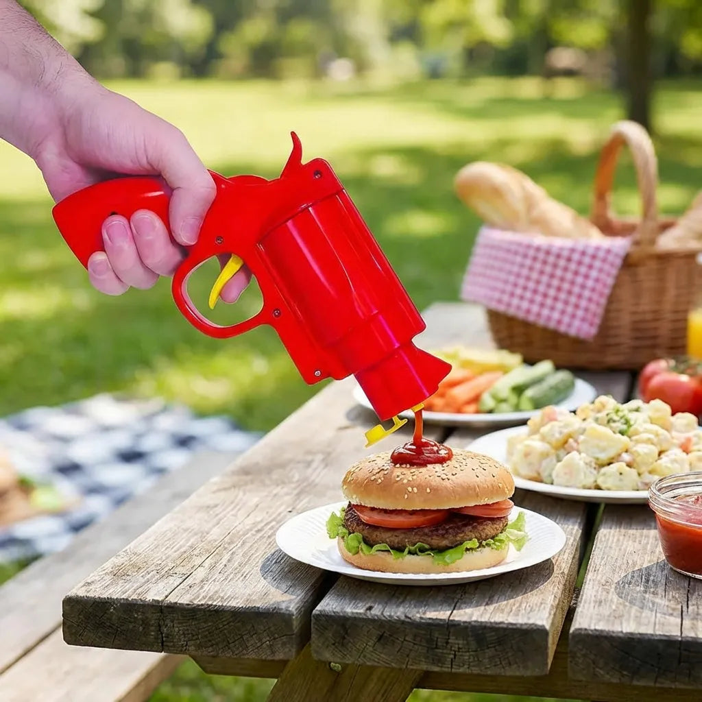 Red sauce dispenser gun dispensing sauce over burger