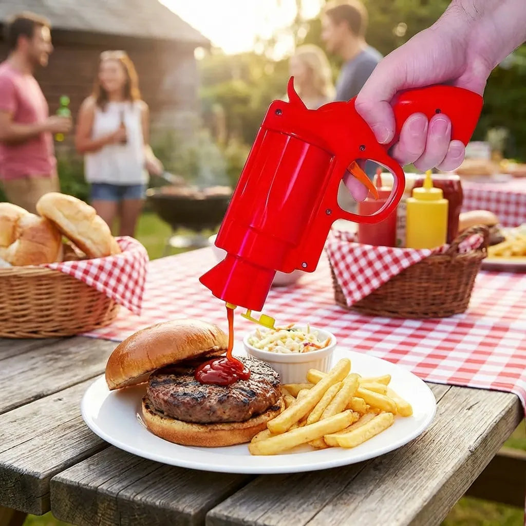 Red sauce dispenser gun releasing sauce onto sandwich