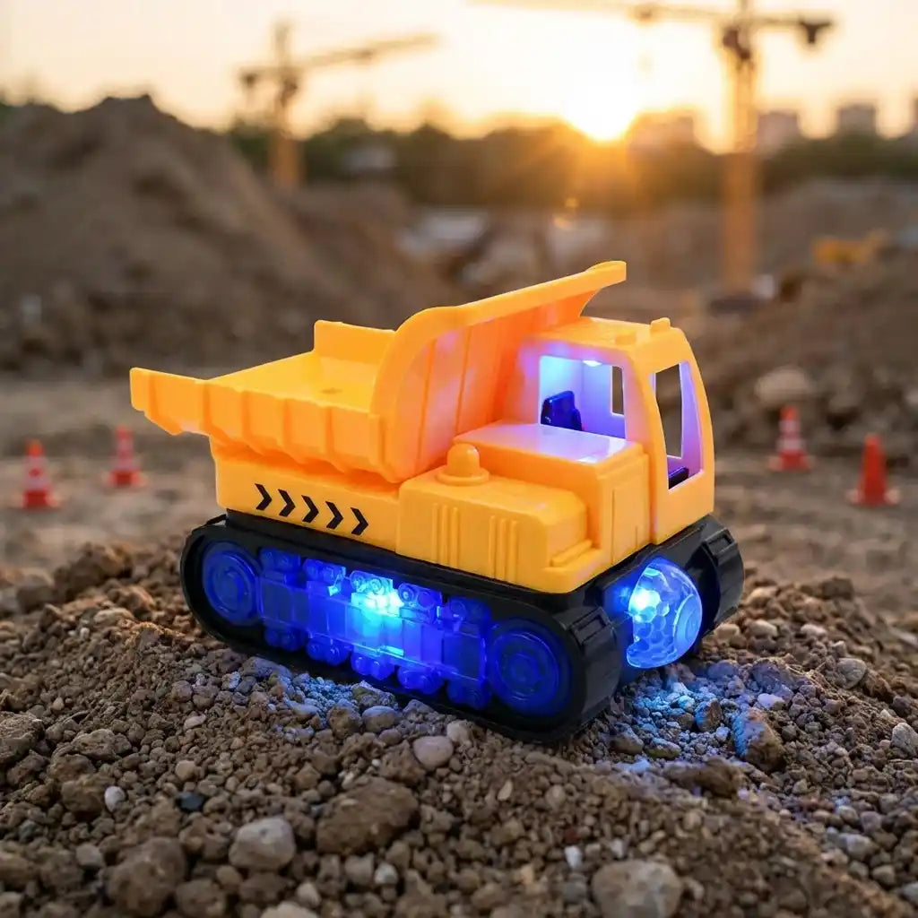Orange dump truck toy with blue LED lights and raised cab, on gravel road