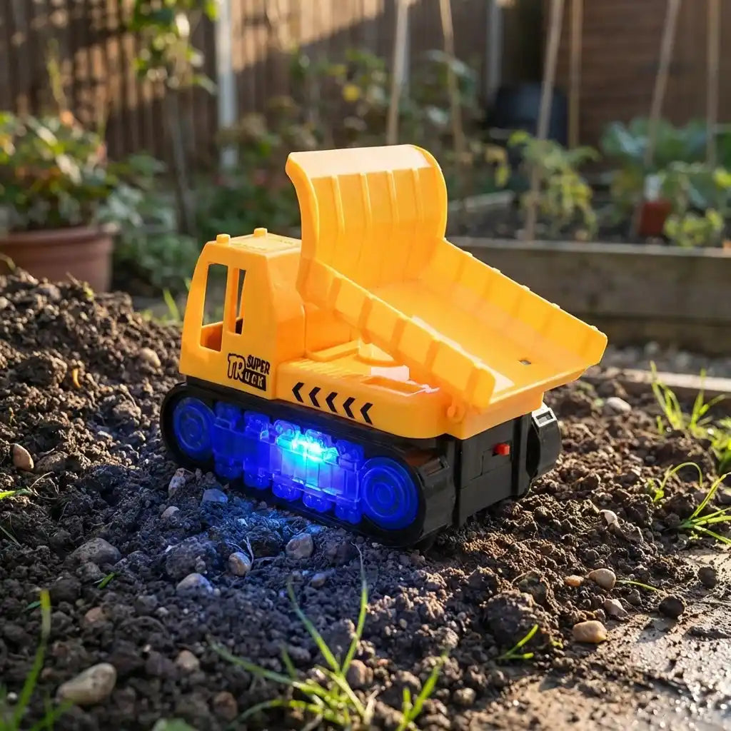 Orange dump truck toy with open bed and blue LED lights, side view