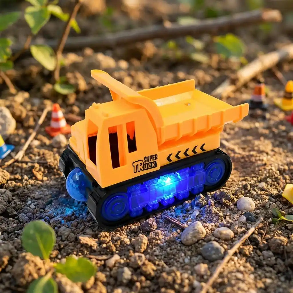 Orange dump truck toy with open bed, blue LED lights glowing on rocks