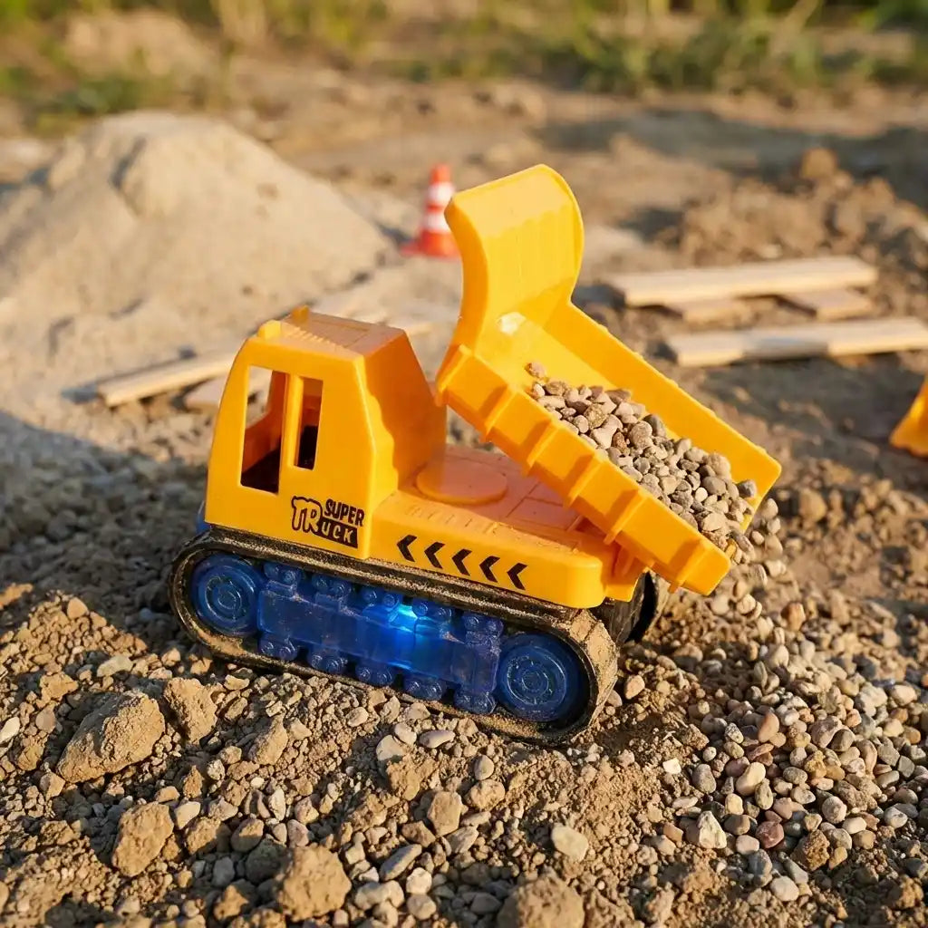 Orange dump truck toy on gravel with open bed loaded with stones