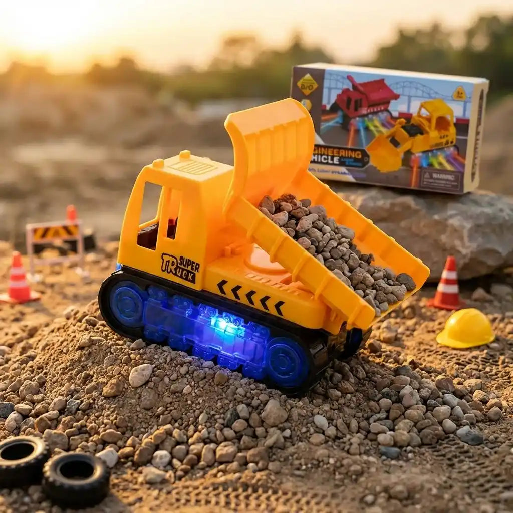 Orange dump truck toy with open bed and blue LED lights on gravel