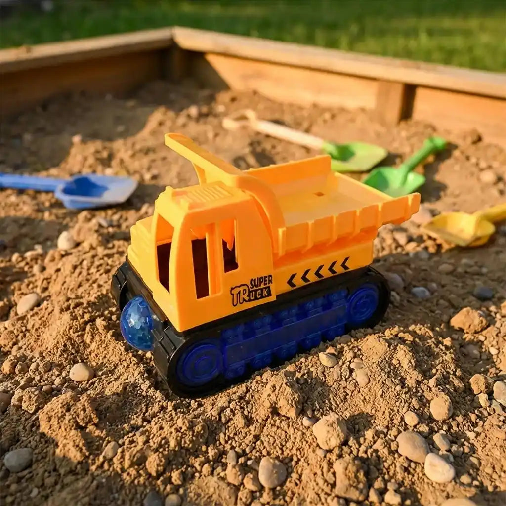 Orange dump truck toy, tilted view, open bed with stones and blue LED lights