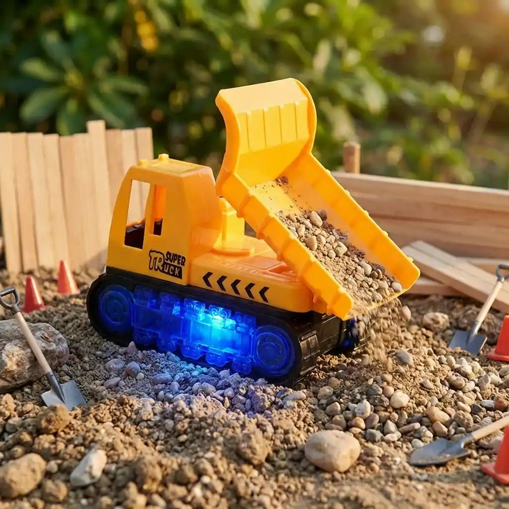 Orange toy dump truck with open bed and blue LED lights, on rocks
