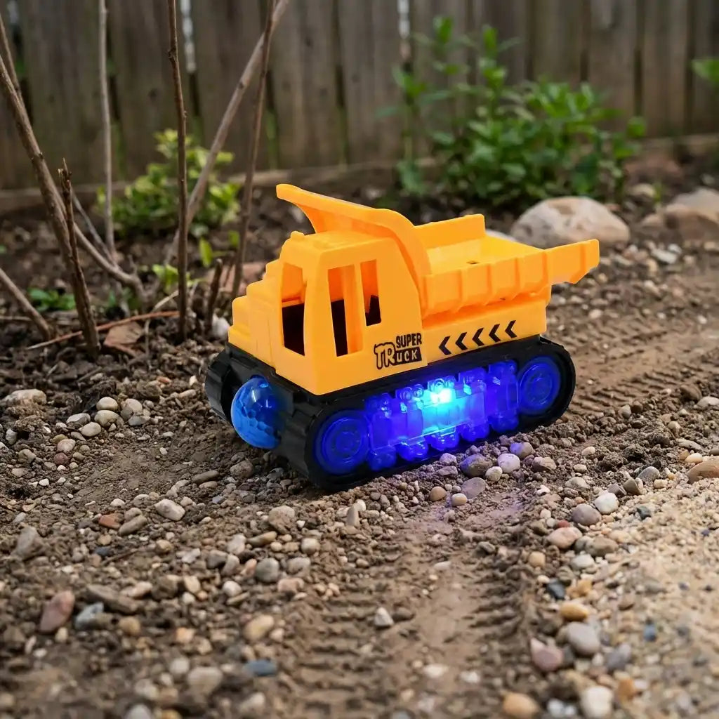 Orange toy dump truck with open bed and blue LED lights on dirt path