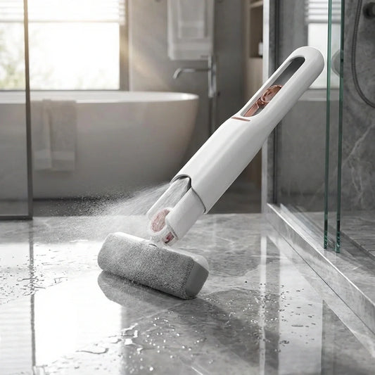 Mini squeeze table mop with gray roller head and white handle