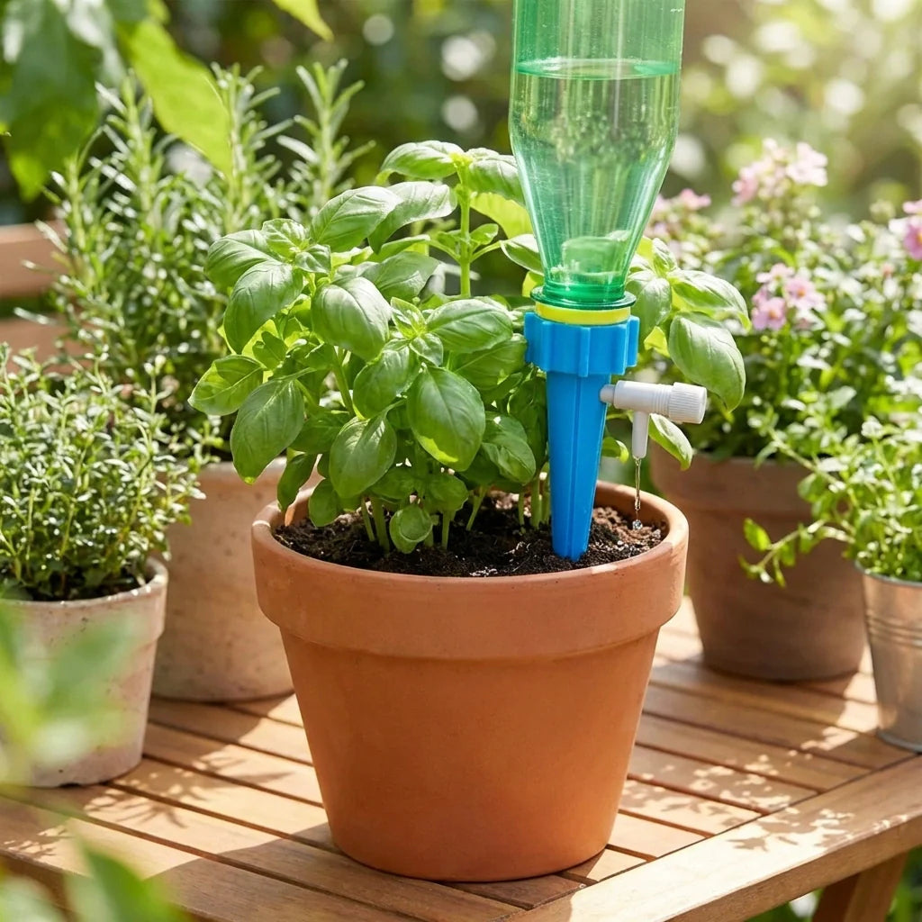 Self-watering plant spike with blue base inserted in a terracotta plant pot