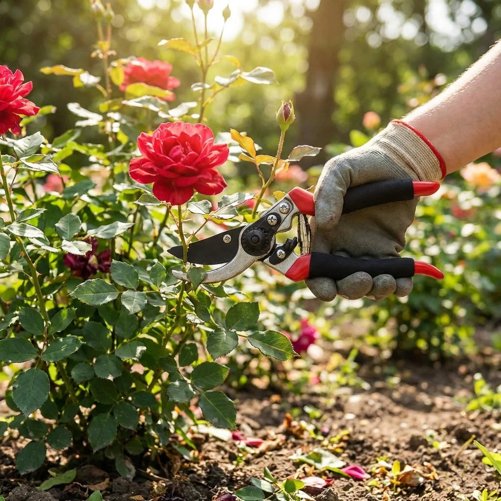Pruning shears with red handles and black blades, held in a gardener’s hand