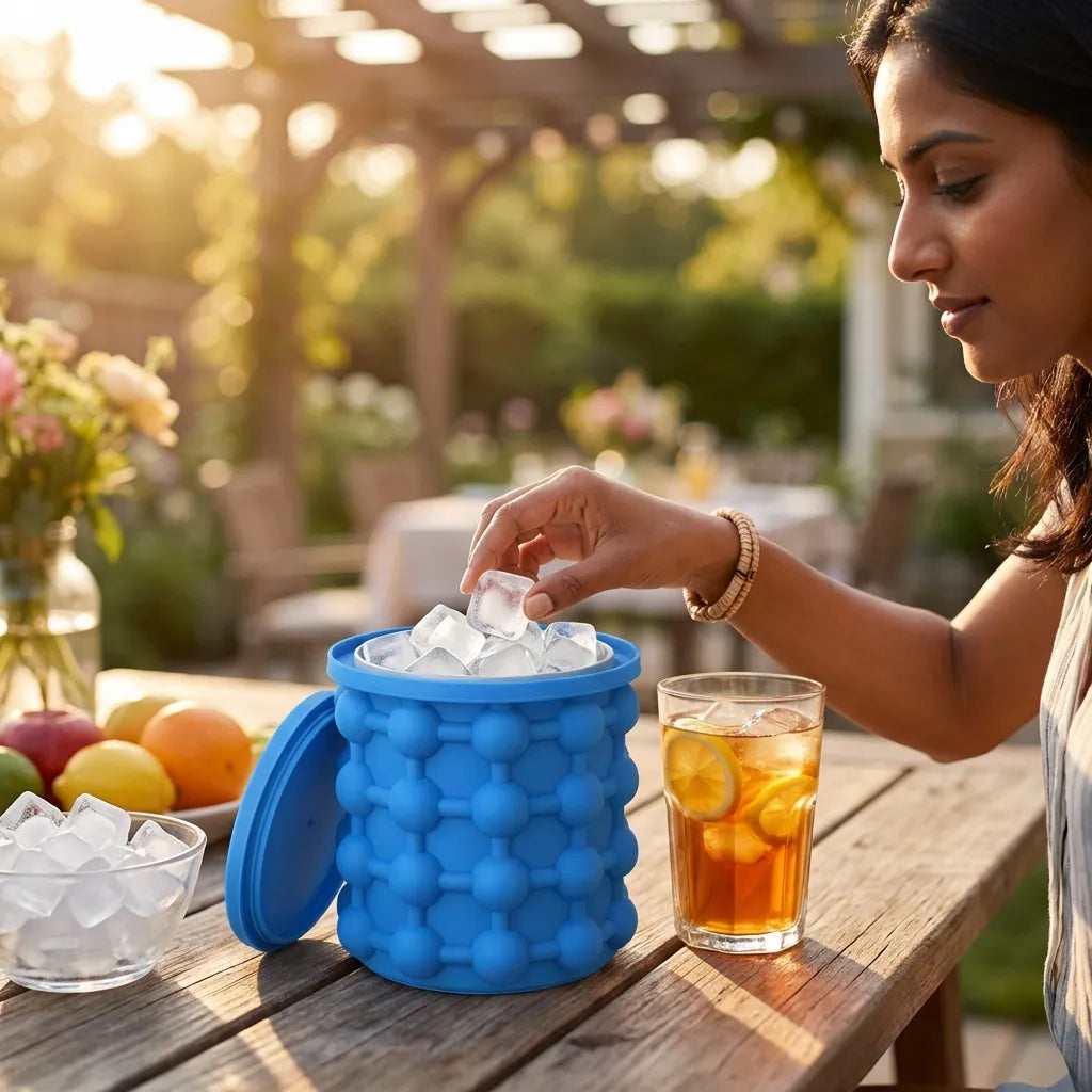 Blue silicone ice cube maker with lid, filled with ice cubes