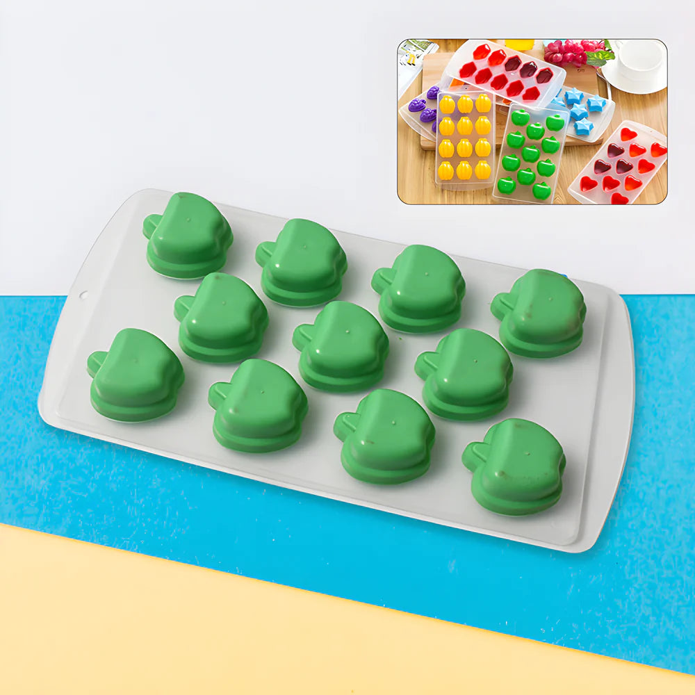 Green silicone ice mold with heart-shaped cavities on a rectangular tray