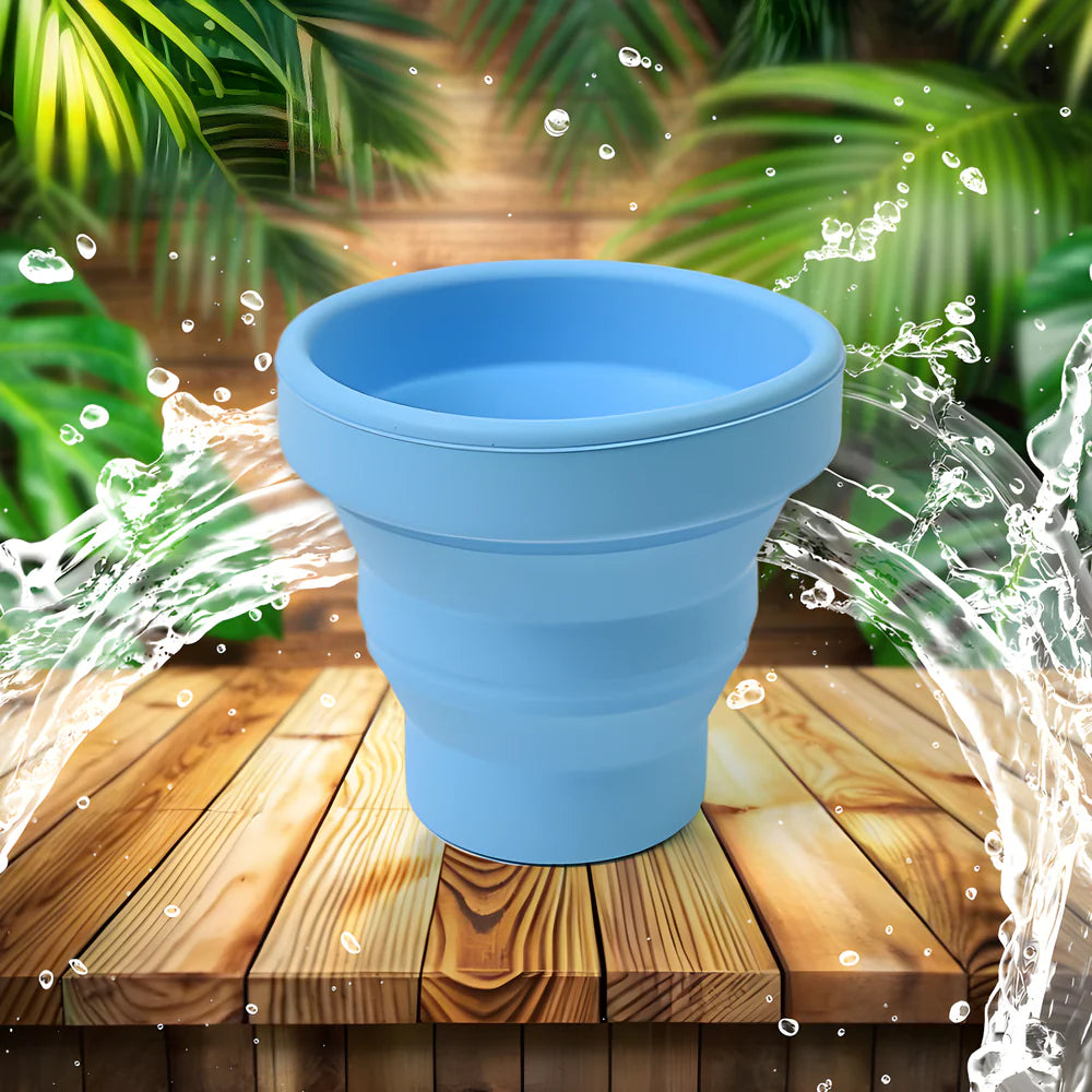 Light blue silicone travel mug with wide lid