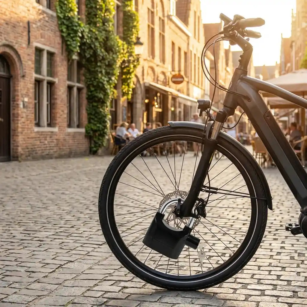 Siren Alarm padlock on parked bicycle front wheel for security
