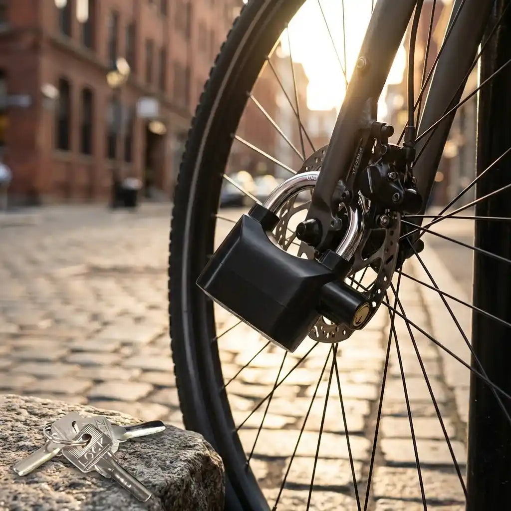 Siren Alarm padlock on bicycle wheel with two keys lying nearby