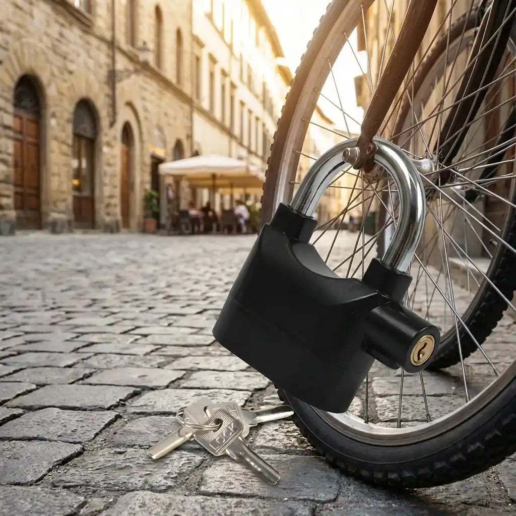 Siren Alarm padlock on motorcycle front wheel with two keys on pavement