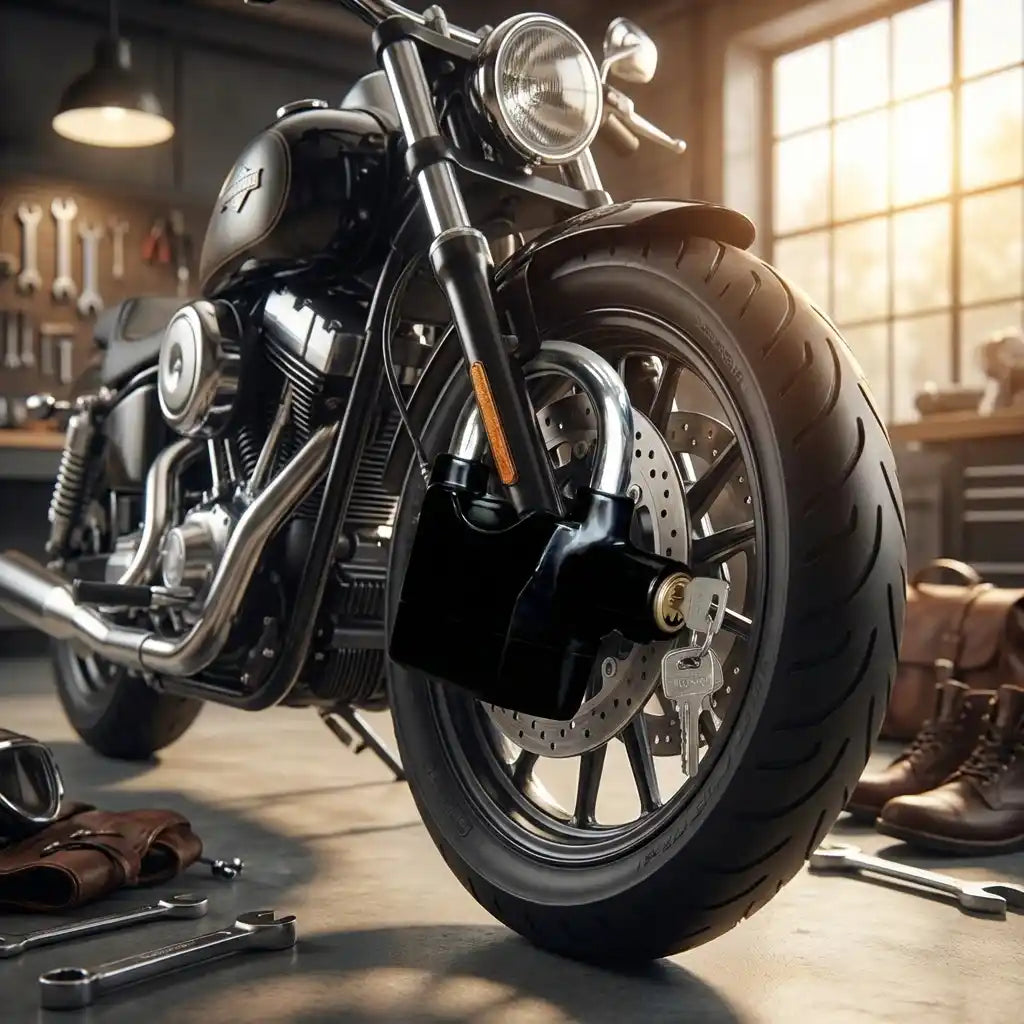 Siren Alarm padlock attached to motorcycle wheel brake disc