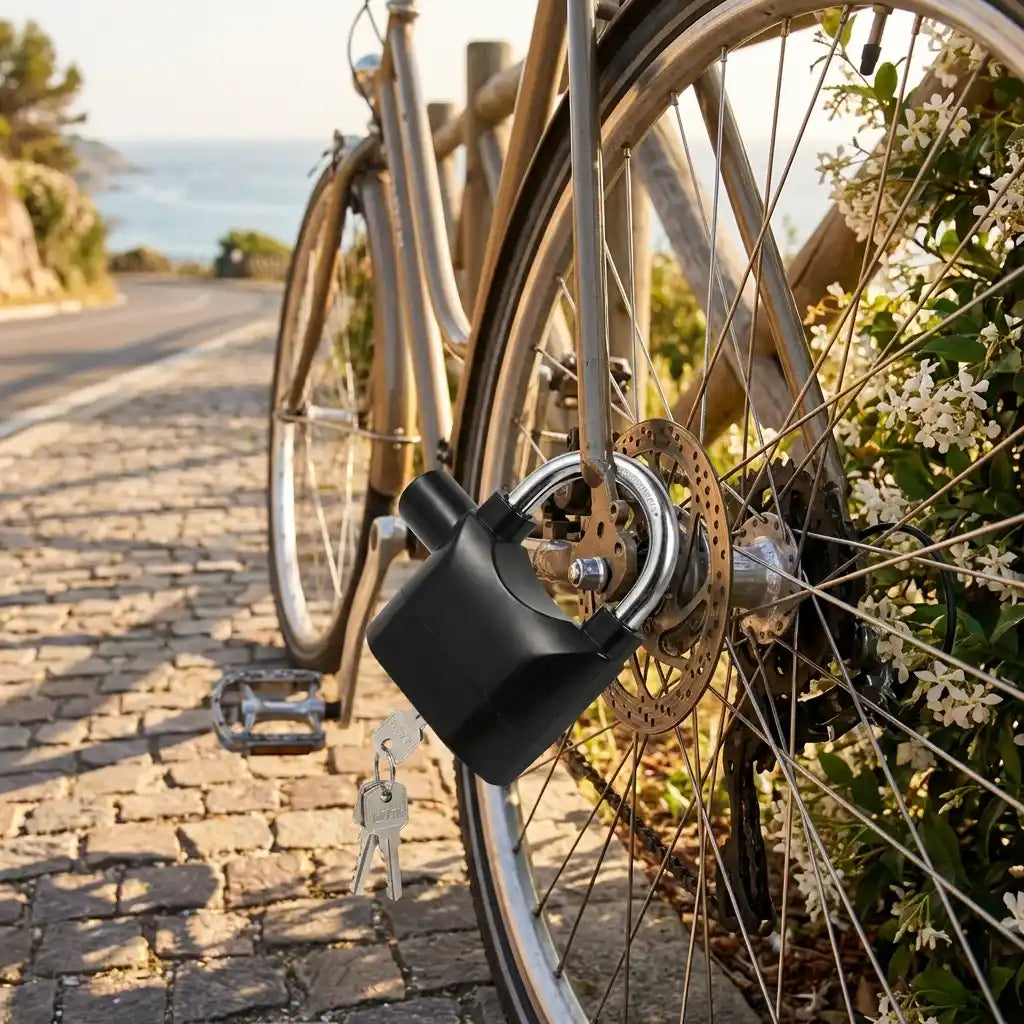 Siren Alarm padlock on bicycle front wheel rim with keys on ground