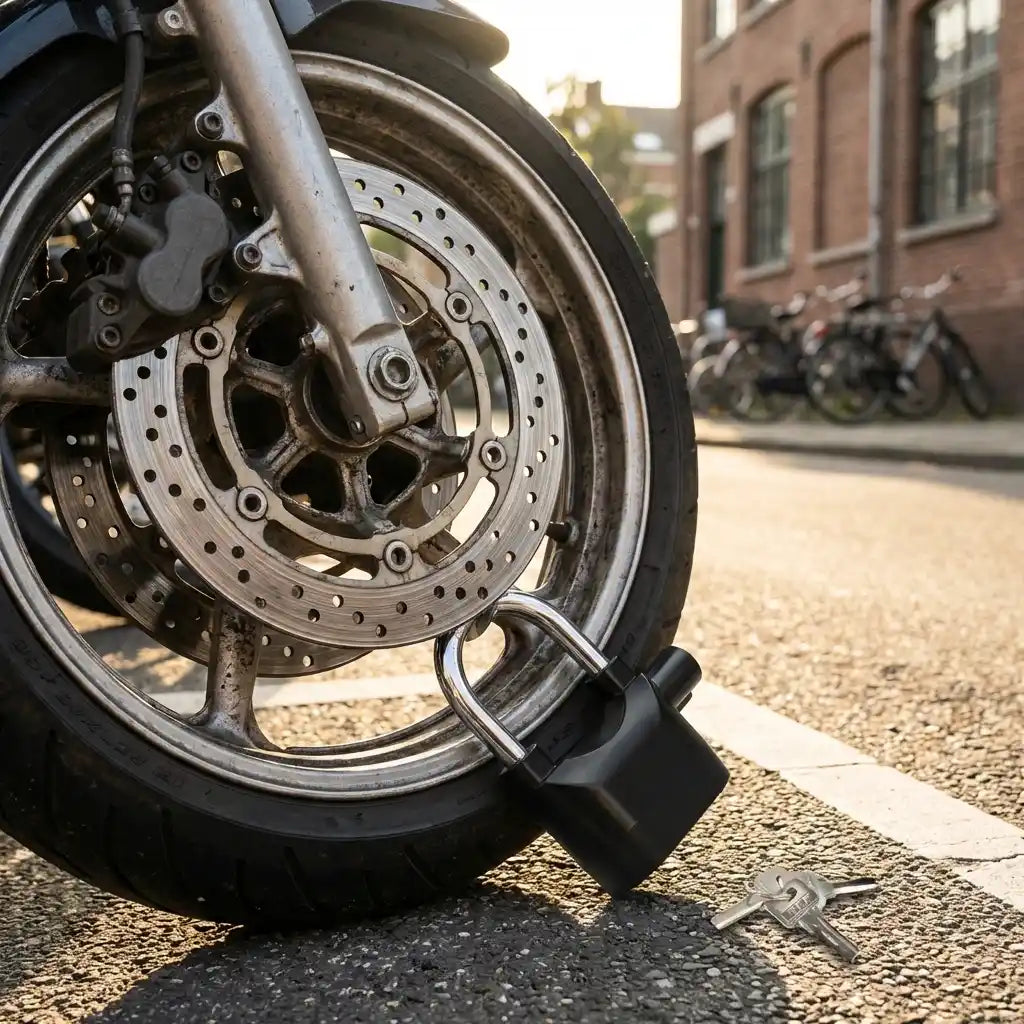 Siren Alarm padlock with keys near front wheel brake rotor