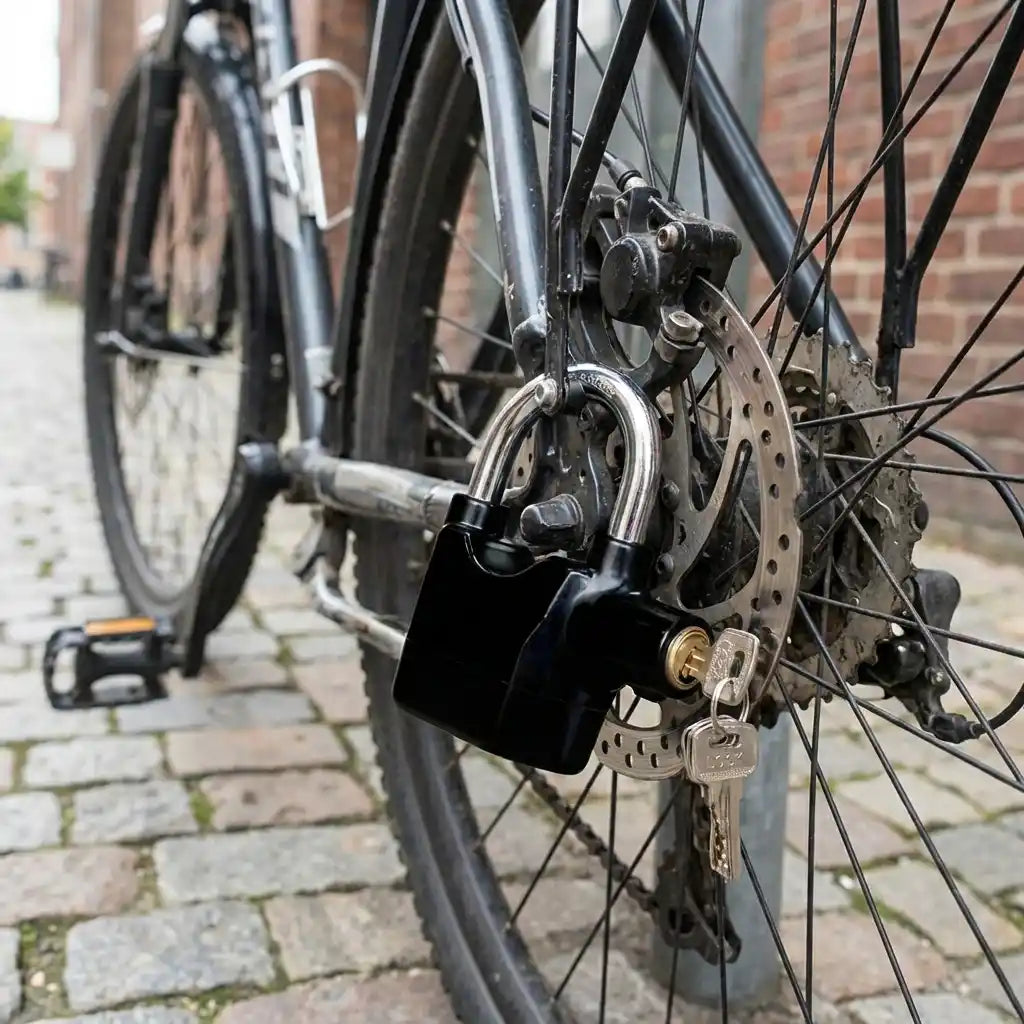 Siren Alarm padlock on bicycle wheel disc brake with metal shackle