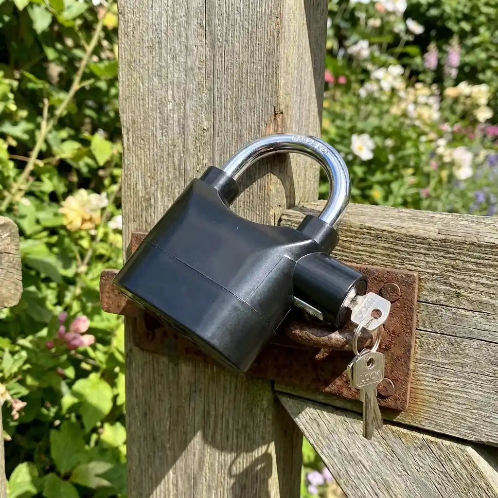 Siren Alarm padlock on wooden post with metal shackle and two keys