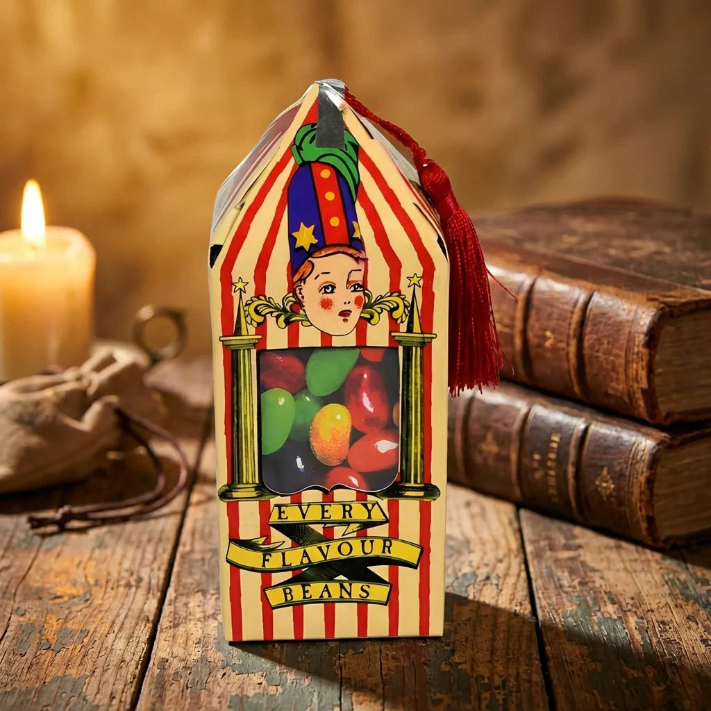 Decorative desk clock with striped red and cream case, clown window and text 'EVERY FLAVOUR BEANS'.