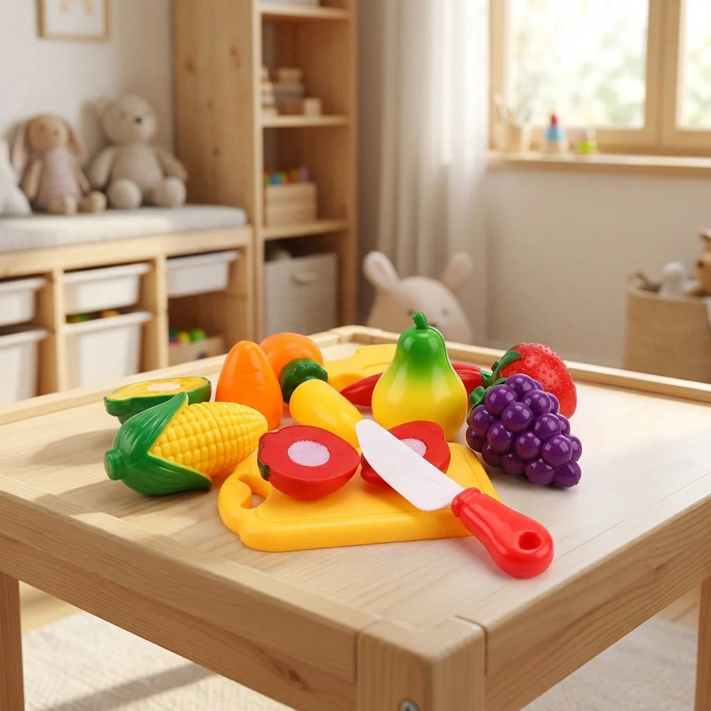 Sliceable fruit toy set with colorful pieces and plastic knife on wooden tray
