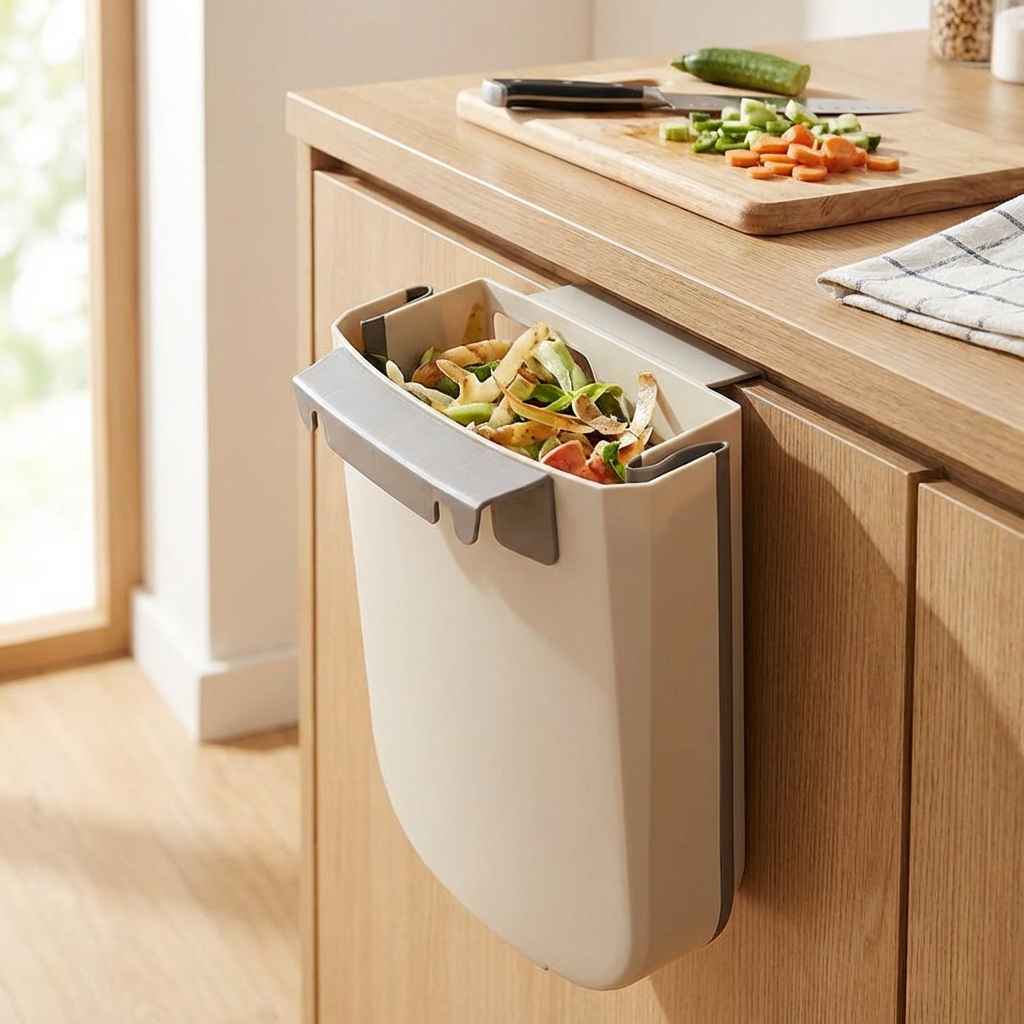 Collapsible small trash holder mounted under a cabinet, white bin with dark gray inserts
