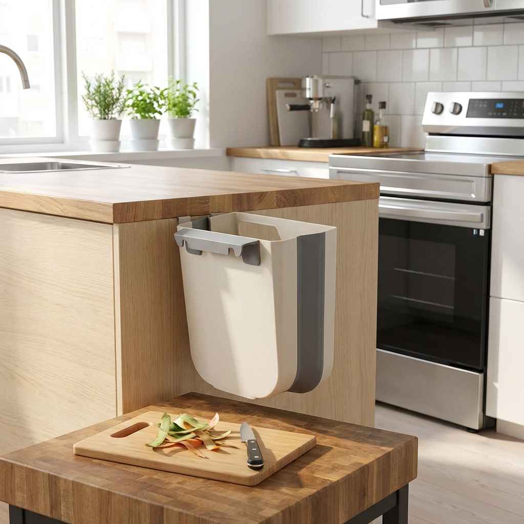 Collapsible small trash holder on cabinet front, white bin with dark gray interior panels