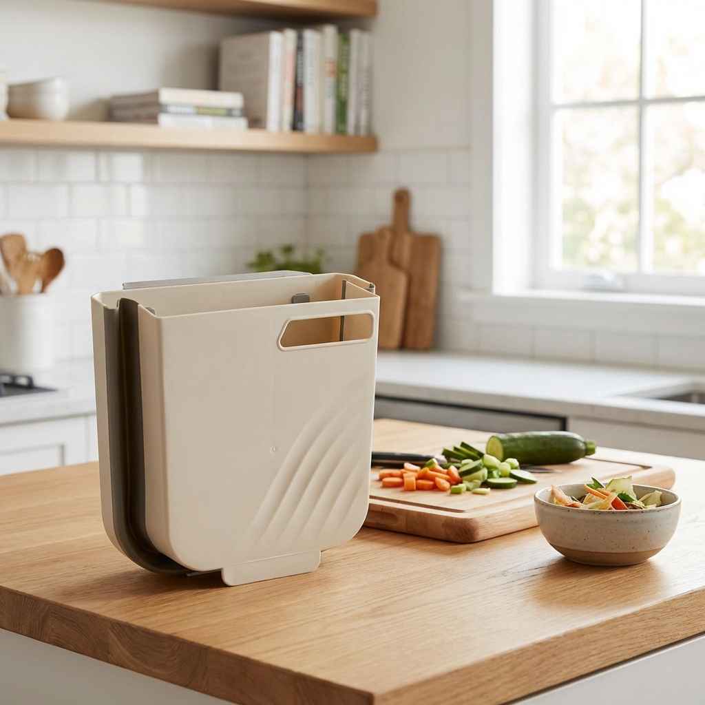 Collapsible small trash holder on countertop, beige bin with dark gray fold-down sides