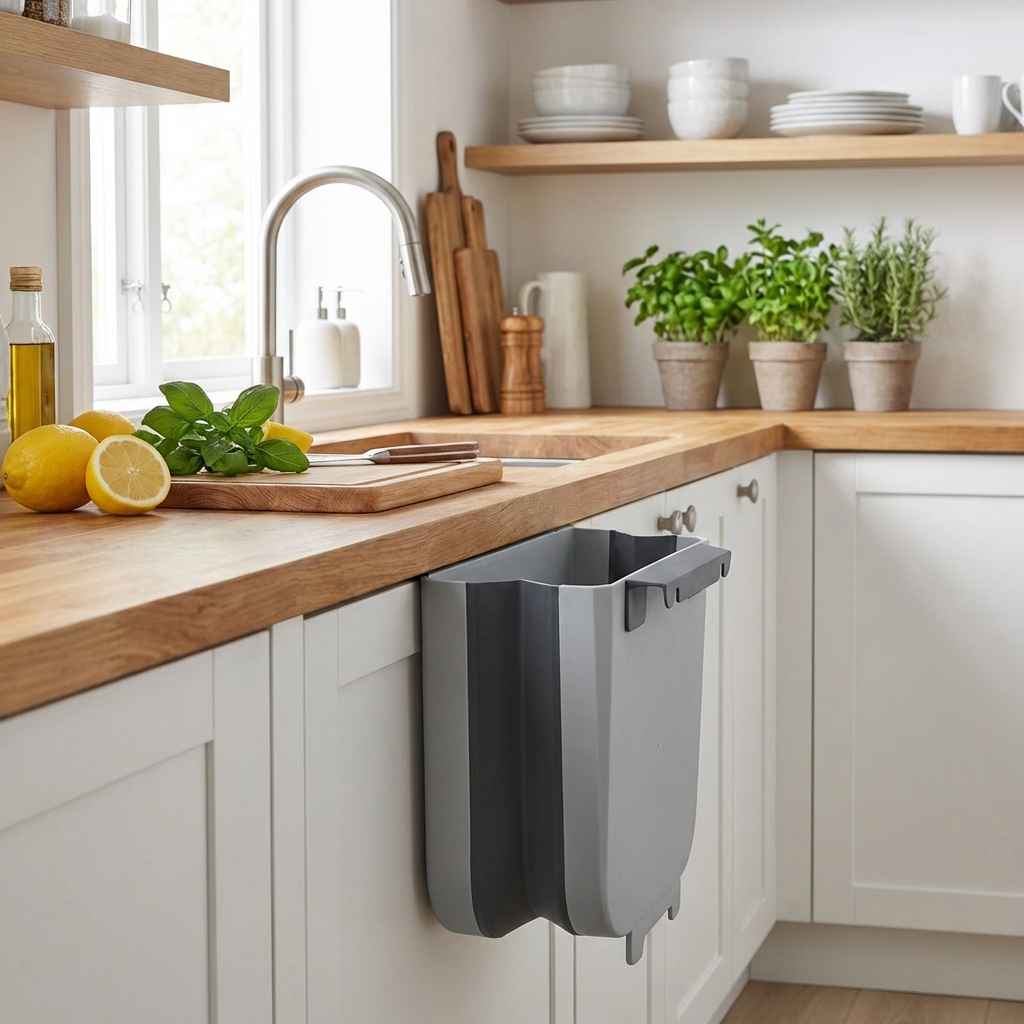 Collapsible small trash holder mounted on cabinet front, white and dark gray bins