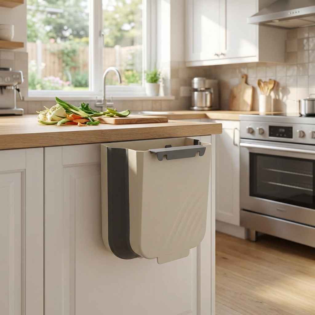 Collapsible small trash holder with open top, white bin attached to cabinet door