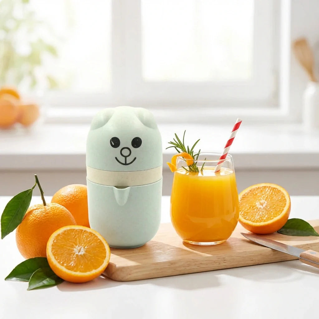 Mint small manual citrus juicer with bear face lid, compact countertop size