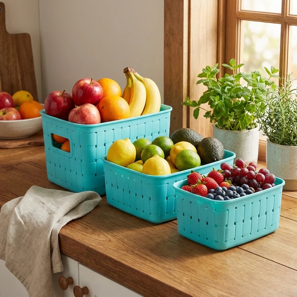 Turquoise plastic storage baskets with cutout handles, filled with assorted fruit