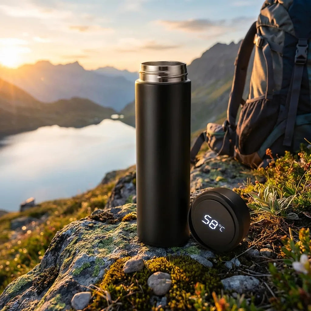 Black stainless steel flask with LED temperature reading on side lid, ready to sip.