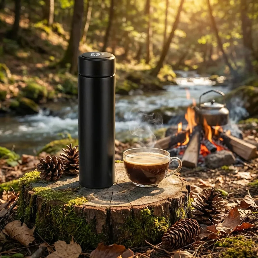 Black stainless steel insulated flask with LED temperature display on side lid.