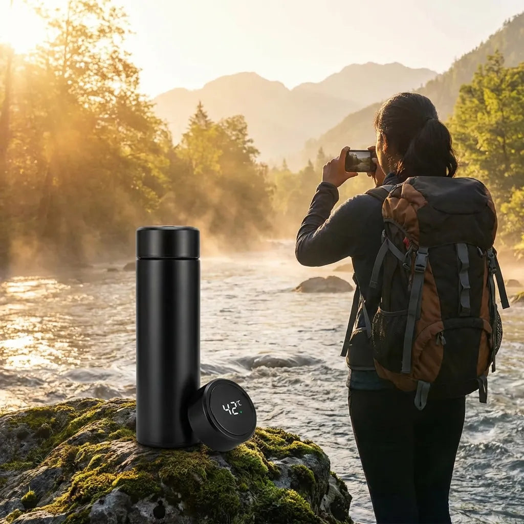 Black stainless steel flask with LED temperature display on side lid, insulated travel bottle.