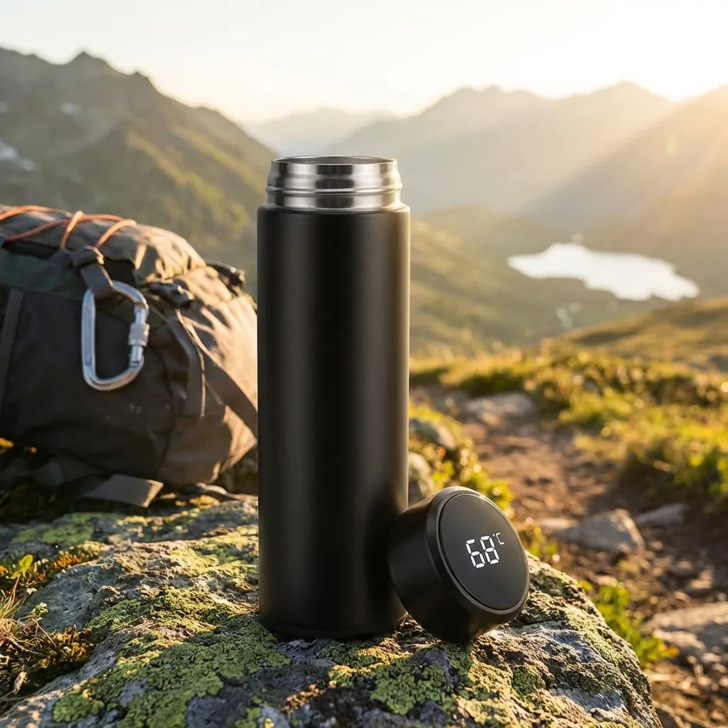 Black stainless steel flask with LED temperature display on detachable side lid.