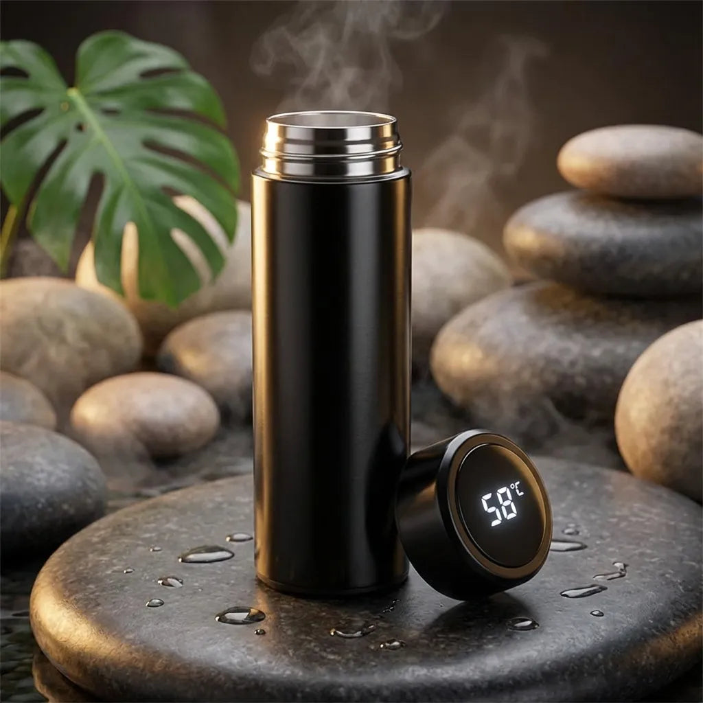Black stainless steel travel flask with LED temperature display on detachable side cap.