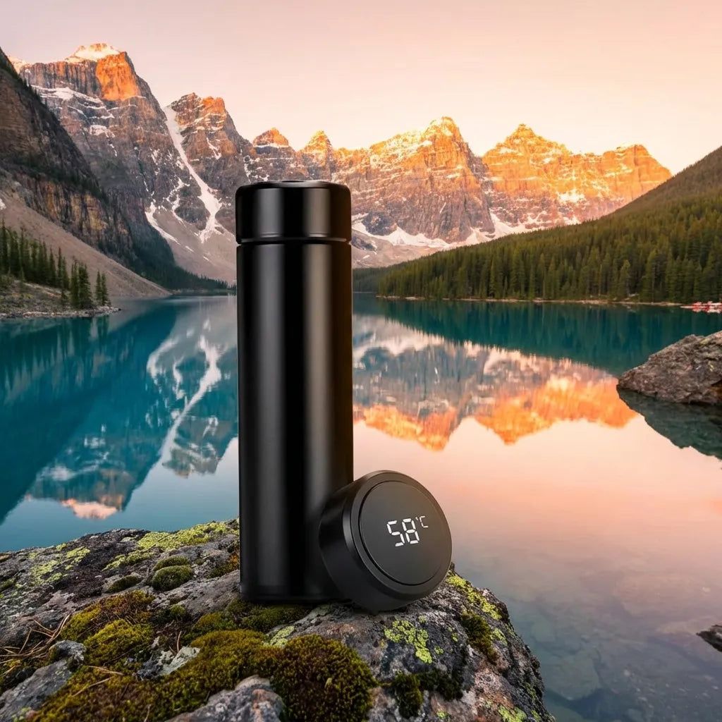 Black stainless steel flask with LED temperature display on side cap, insulated bottle.