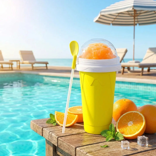 Smoothies maker cup with white lid, yellow body, and included spoon/stirrer