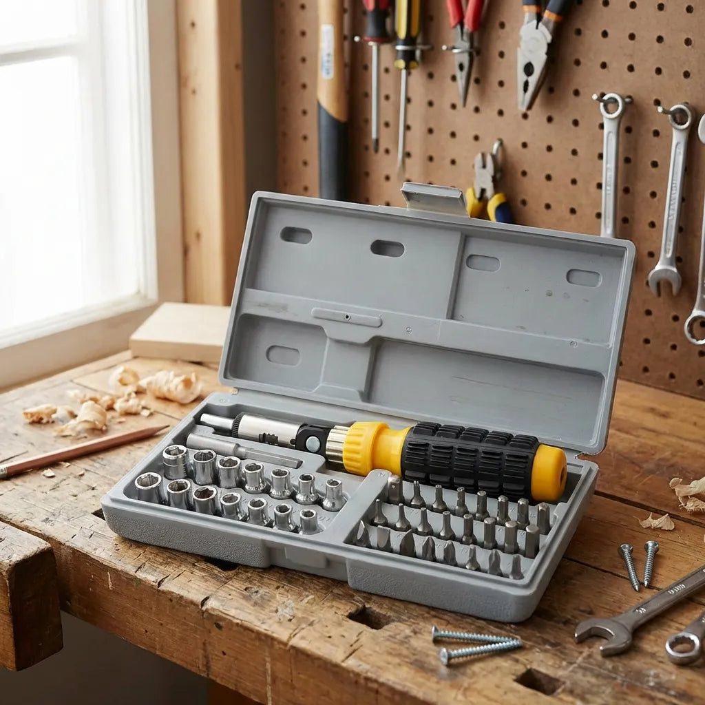 Open socket tool kit case showing yellow-handled driver and chrome sockets