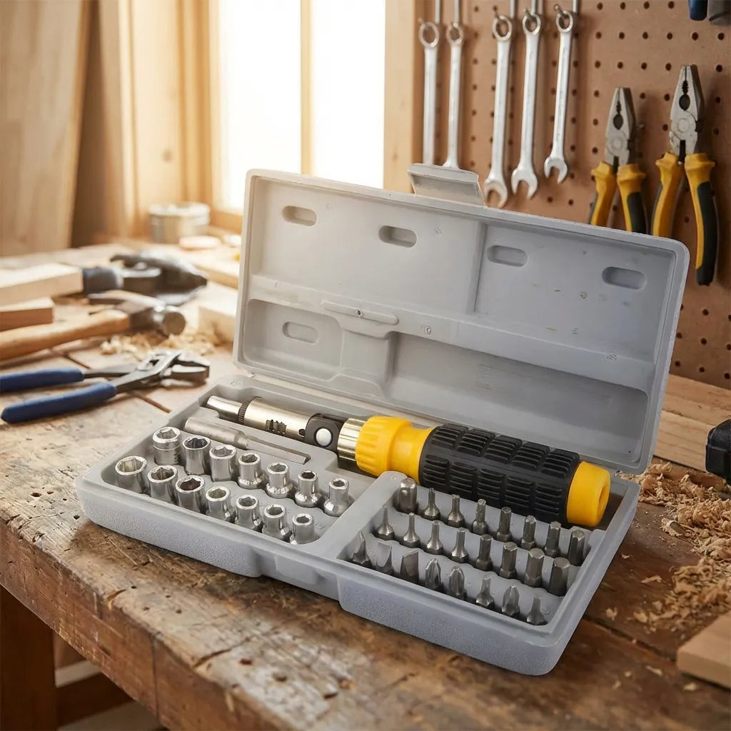 Open socket tool kit case on workbench with yellow driver and socket sets