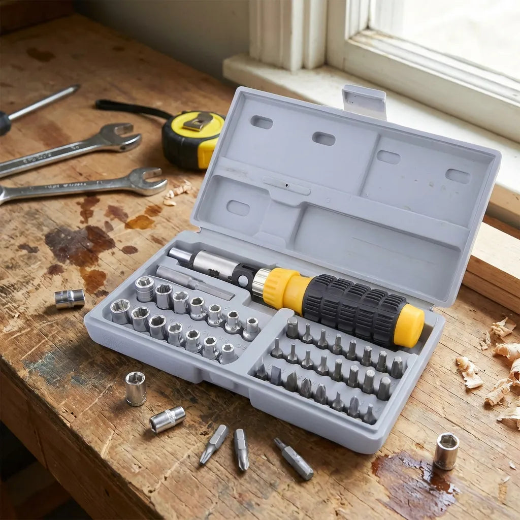 Socket tool kit with open gray case, yellow driver, and assorted socket pieces