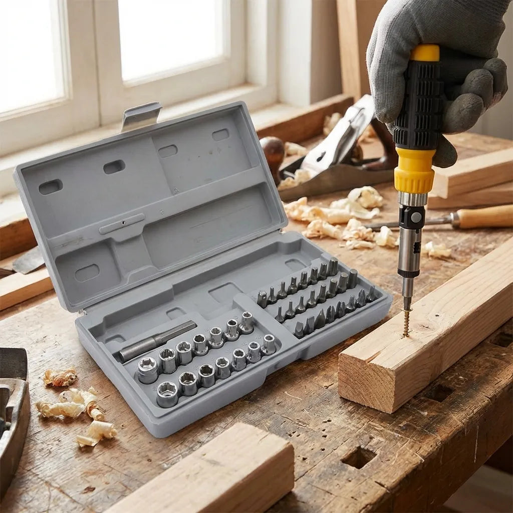 Socket tool kit with yellow driver bit and multiple socket sizes in molded tray