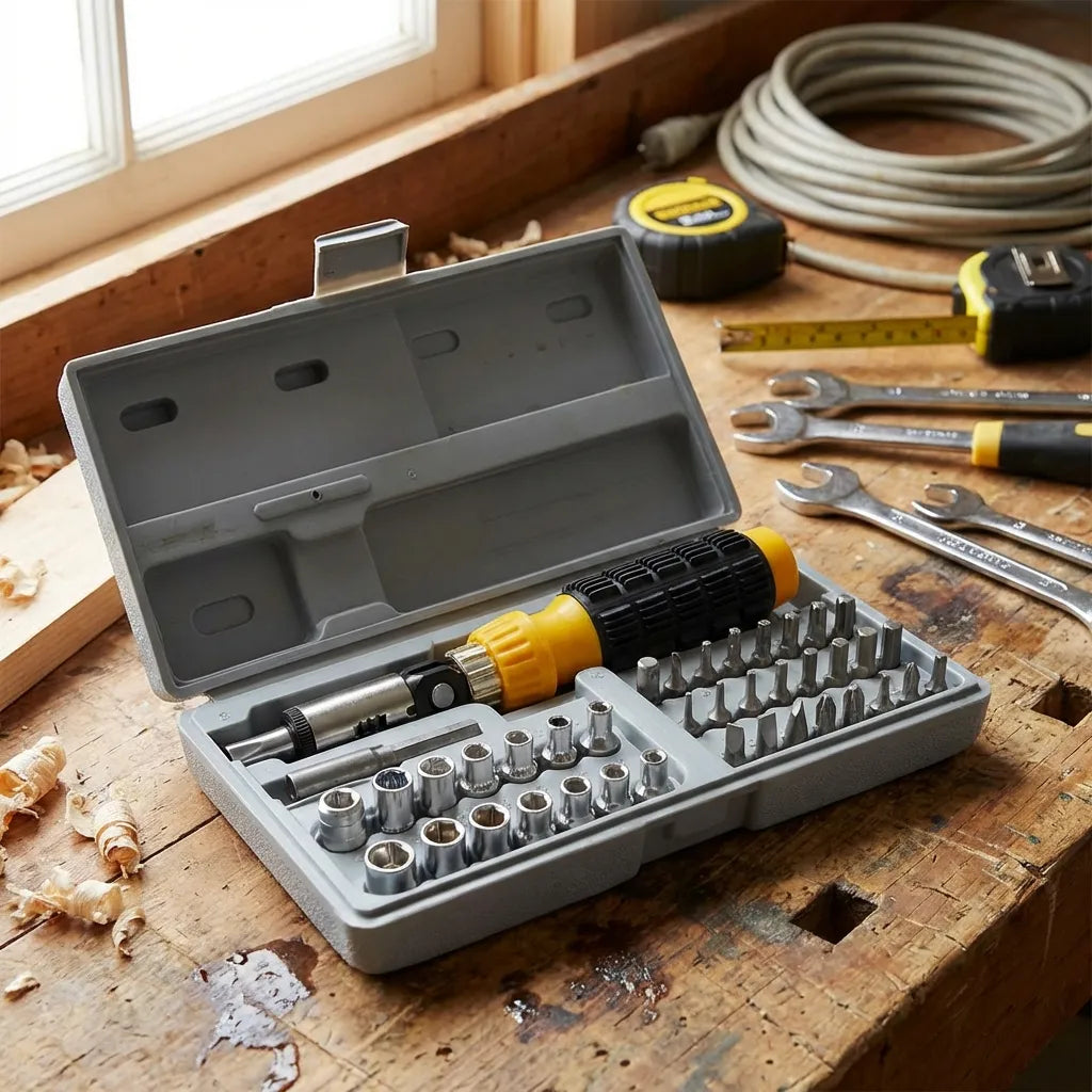 Socket tool kit case with yellow grip driver and chrome sockets in compartments